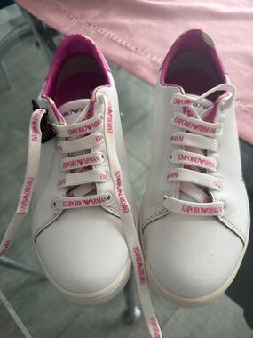 Emporio Armani White Sneakers with Pink Lining and Logo Laces